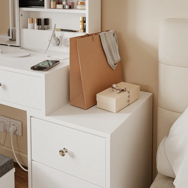 SoBuy FWT114-E-W Coiffeuse Blanche avec Miroir LED, USB-C et 5 Tiroirs – 120 cm