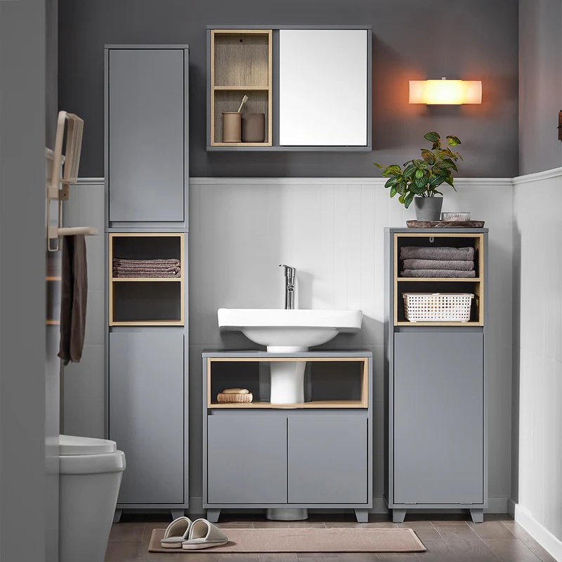 SoBuy BZR149-DG Armoire Murale avec Miroir , Placard de Rangement Suspendu, Meuble Haut Salle de Bain avec Porte et 2 Compartiments Ouverts