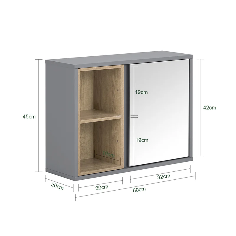 SoBuy BZR149-DG Armoire Murale avec Miroir , Placard de Rangement Suspendu, Meuble Haut Salle de Bain avec Porte et 2 Compartiments Ouverts