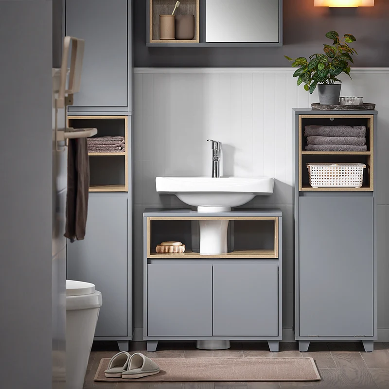 SoBuy BZR148-DG Meuble Sous Lavabo de Salle de Bain, Meuble Sous Vasque à 2 Portes