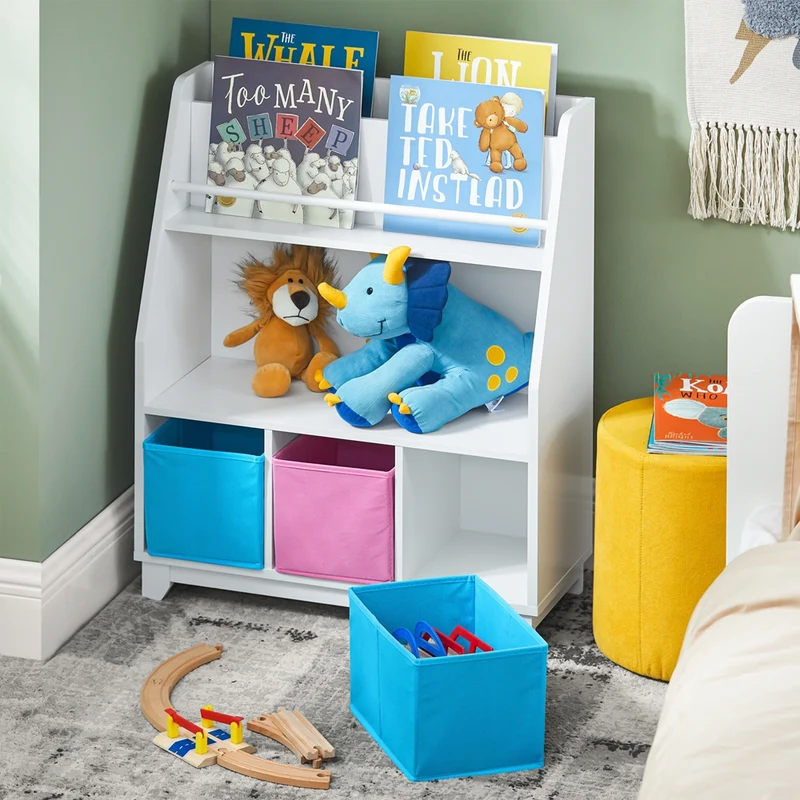 SoBuy KMB34-F Bibliothèque Étagère à Livres Étagère de Rangement Jouets pour Enfants Porte-revues avec Compartiments de Rangement et 3 Paniers 63x28x80 cm