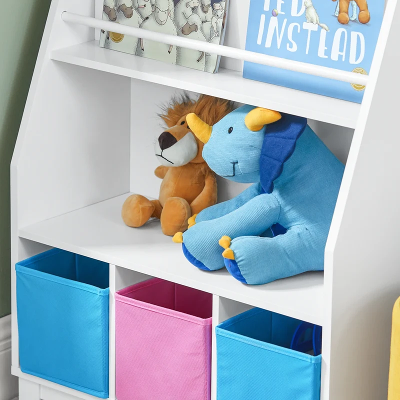 SoBuy KMB34-F Bibliothèque Étagère à Livres Étagère de Rangement Jouets pour Enfants Porte-revues avec Compartiments de Rangement et 3 Paniers 63x28x80 cm