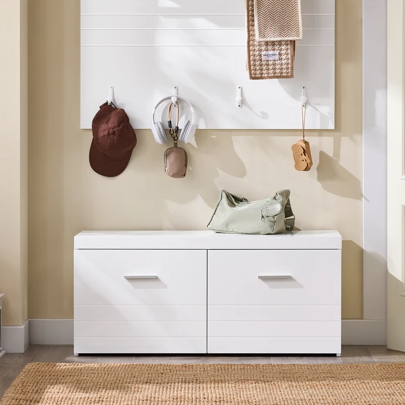 SoBuy FSR178-W Banc à Chaussures avec 2 Portes et Étagères Réglables 3 Hauteurs, Poignées Métal, Charge 227 kg pour Entrée – 100x35x45 cm, Blanc