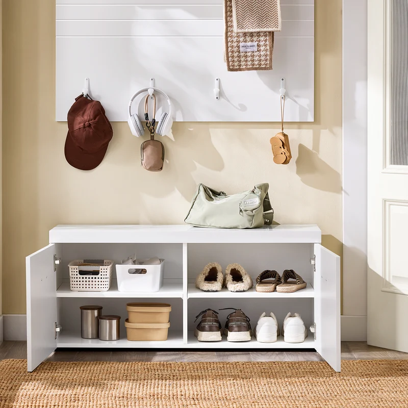 SoBuy FSR178-W Banc à Chaussures avec 2 Portes et Étagères Réglables 3 Hauteurs, Poignées Métal, Charge 227 kg pour Entrée – 100x35x45 cm, Blanc