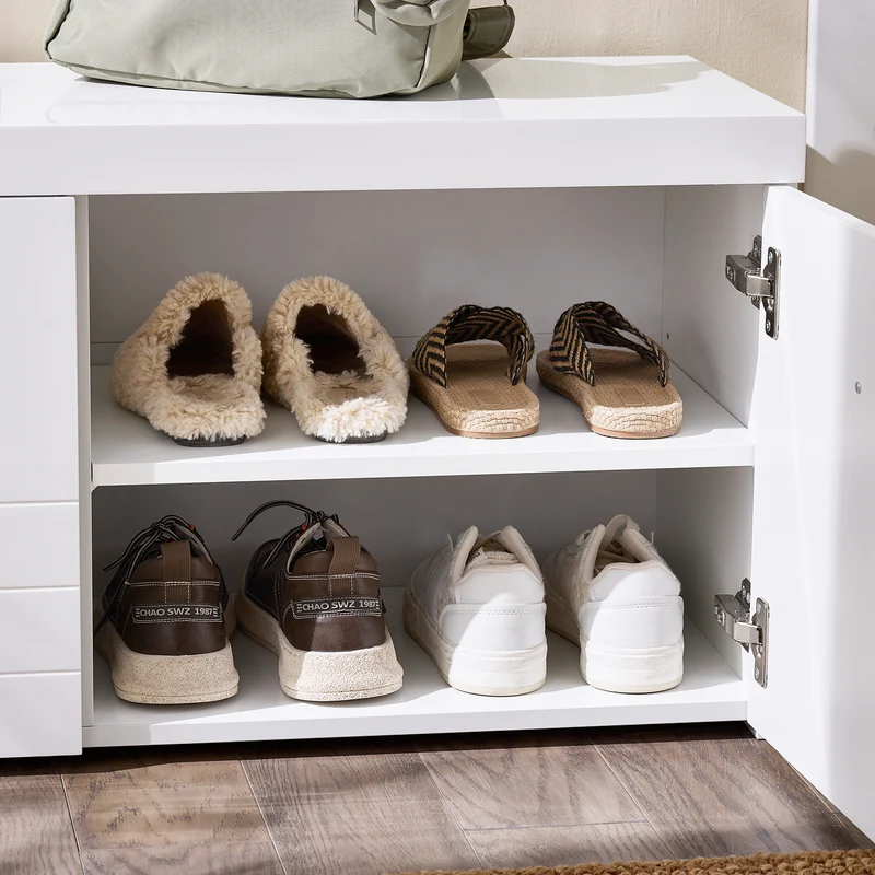 SoBuy FSR178-W Banc à Chaussures avec 2 Portes et Étagères Réglables 3 Hauteurs, Poignées Métal, Charge 227 kg pour Entrée – 100x35x45 cm, Blanc
