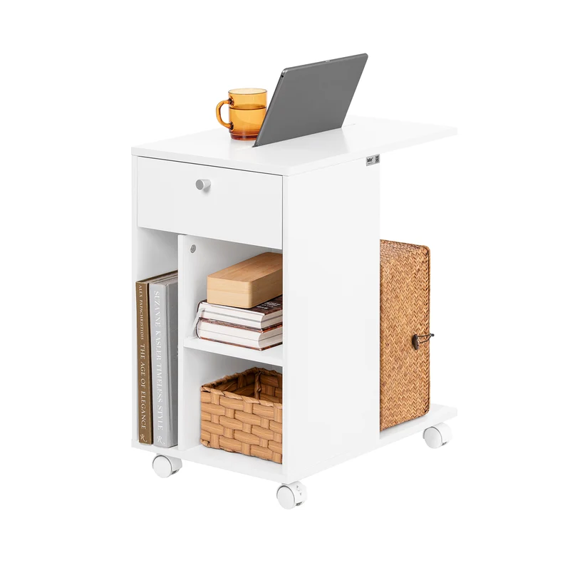 SoBuy FBT148-W Bout de Canapé sur roulettes Table de Chevet Table de Nuit Table d'Appoint avec 1 Tiroir et 3 Compartiments Ouverts