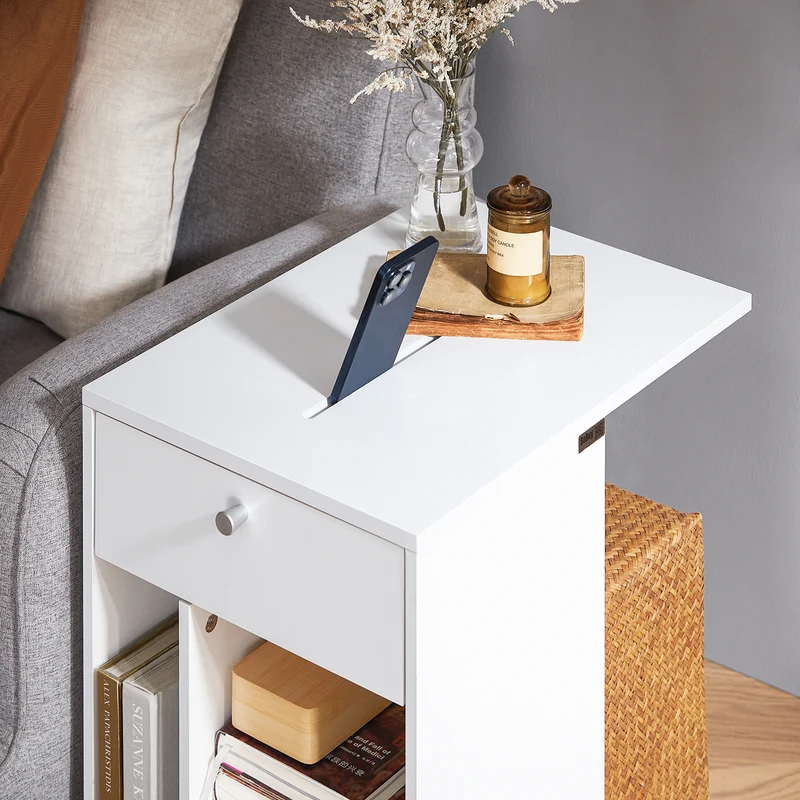 SoBuy FBT148-W Bout de Canapé sur roulettes Table de Chevet Table de Nuit Table d'Appoint avec 1 Tiroir et 3 Compartiments Ouverts