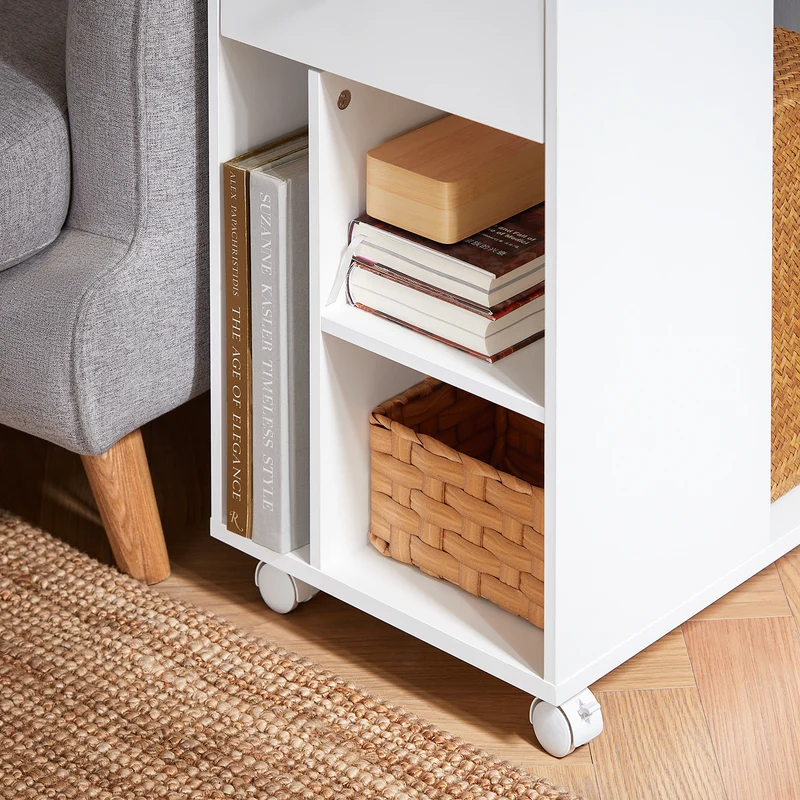 SoBuy FBT148-W Bout de Canapé sur roulettes Table de Chevet Table de Nuit Table d'Appoint avec 1 Tiroir et 3 Compartiments Ouverts