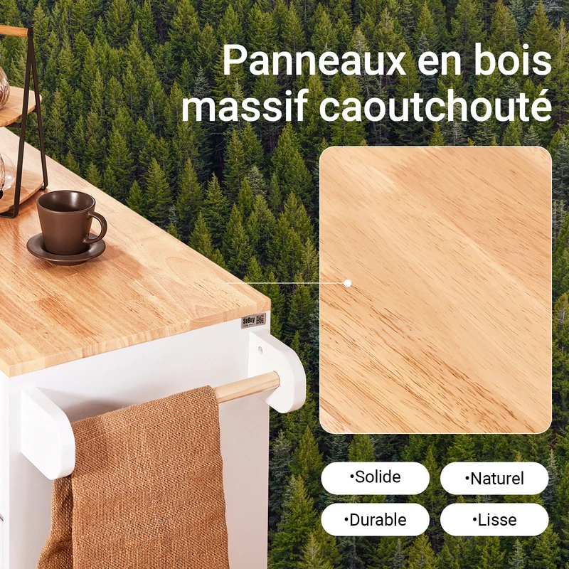 SoBuy FKW124-WN Desserte Cuisine avec Roulettes, Tiroirs et Barre latérale, Mobile, Rangement Optimisé – L90×P40×H90 cm, Bois d’Hévéa, Blanc et Naturel
