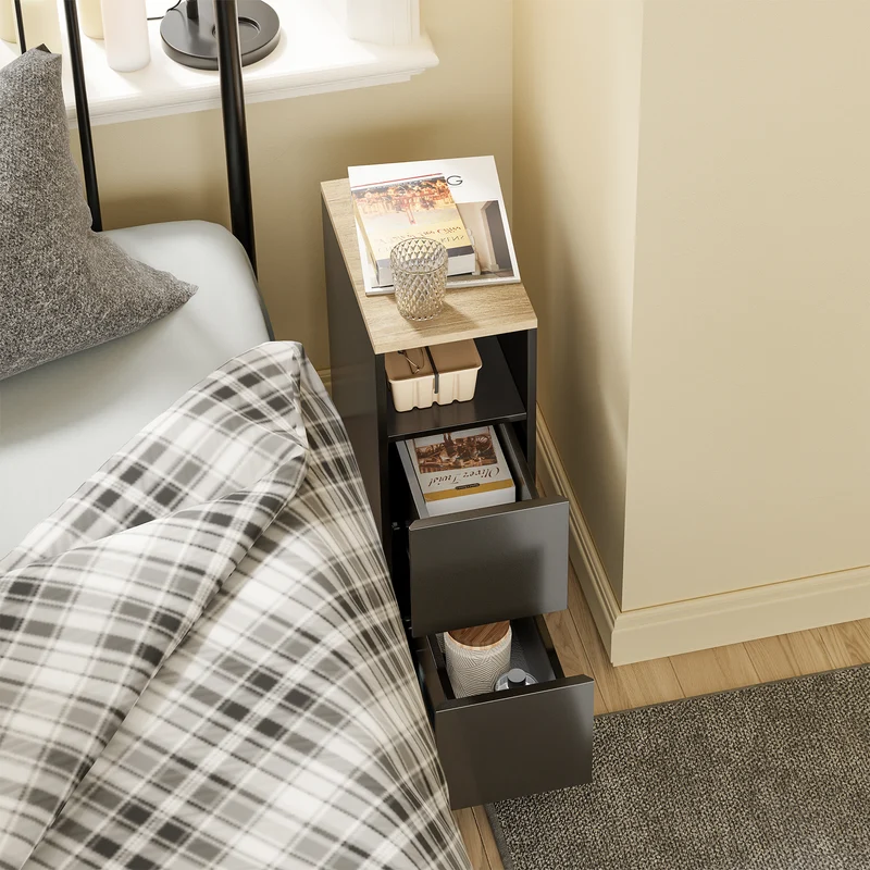 SoBuy FBT149-SCH Table de Chevet Étroite 20 cm, Table d'Appoint Fine avec 2 Tiroirs et Compartiment Ouvert, Chevet de Lit pour Petit Espace, côté canapé ou lit, 20x35x60 cm Noir