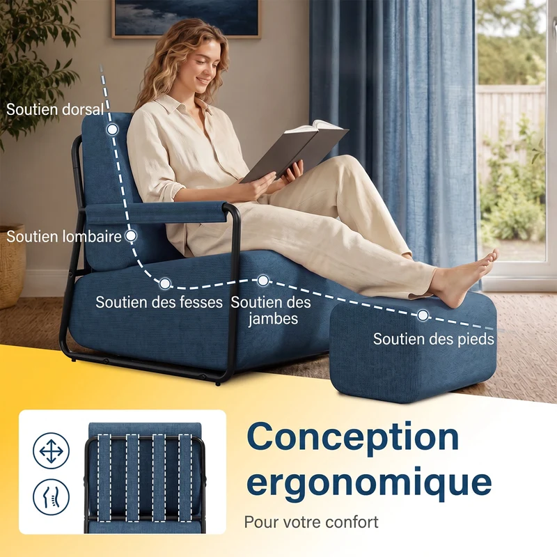 SoBuy FST99-B Fauteuil de Salon en Velours avec Repose-Pieds – Design Industriel Confortable – 59,5×67×78 cm, Bleu Nuit