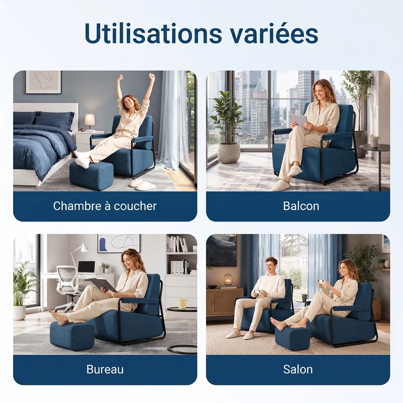 SoBuy FST99-B Fauteuil de Salon en Velours avec Repose-Pieds – Design Industriel Confortable – 59,5×67×78 cm, Bleu Nuit