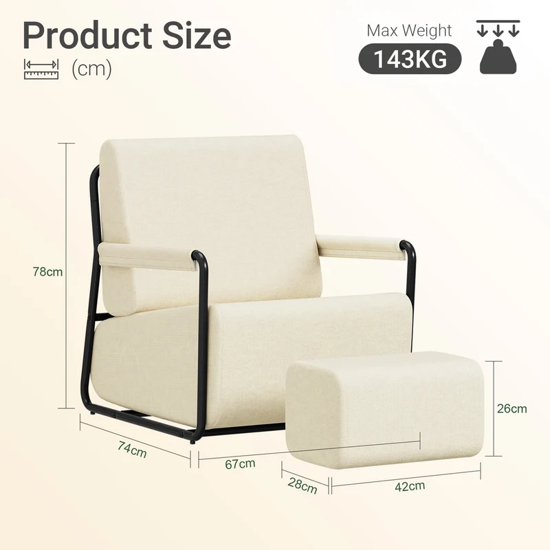SoBuy FST99-MI Fauteuil Velours Confortable Design Industriel – Structure Métallique – 59×74×78 cm, Blanc Crème