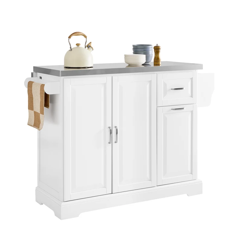 SoBuy FKW128-II-ST Îlot de Cuisine Mobile avec Plan Inox Rabattable – 2 Tiroirs, 130 × 46–71 × 91 cm, Blanc
