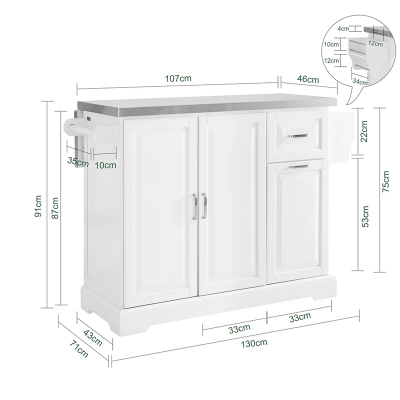 SoBuy FKW128-II-ST Îlot de Cuisine Mobile avec Plan Inox Rabattable – 2 Tiroirs, 130 × 46–71 × 91 cm, Blanc