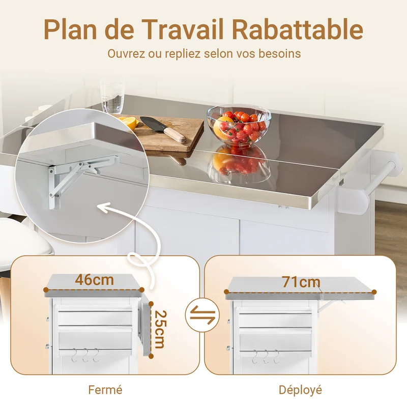 SoBuy FKW128-II-ST Îlot de Cuisine Mobile avec Plan Inox Rabattable – 2 Tiroirs, 130 × 46–71 × 91 cm, Blanc