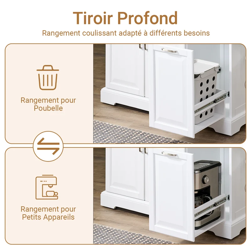 SoBuy FKW128-II-ST Îlot de Cuisine Mobile avec Plan Inox Rabattable – 2 Tiroirs, 130 × 46–71 × 91 cm, Blanc