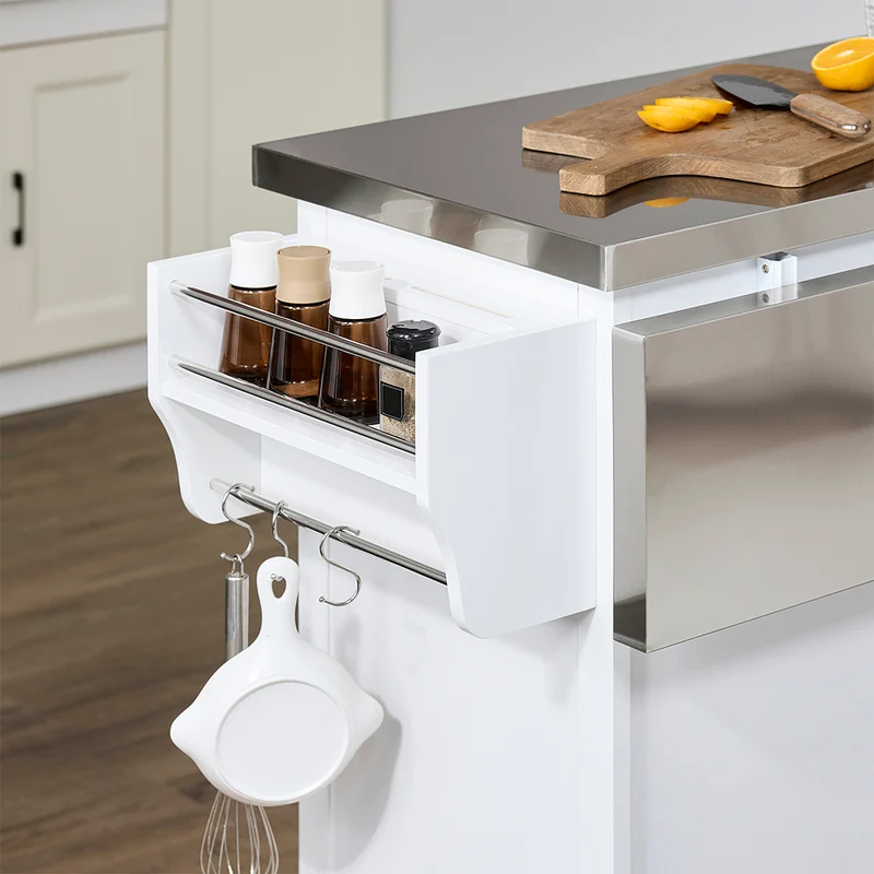 SoBuy FKW128-II-ST Îlot de Cuisine Mobile avec Plan Inox Rabattable – 2 Tiroirs, 130 × 46–71 × 91 cm, Blanc