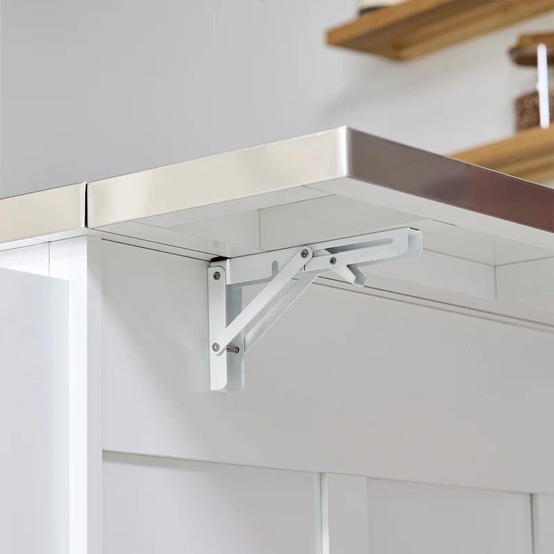 SoBuy FKW128-II-ST Îlot de Cuisine Mobile avec Plan Inox Rabattable – 2 Tiroirs, 130 × 46–71 × 91 cm, Blanc