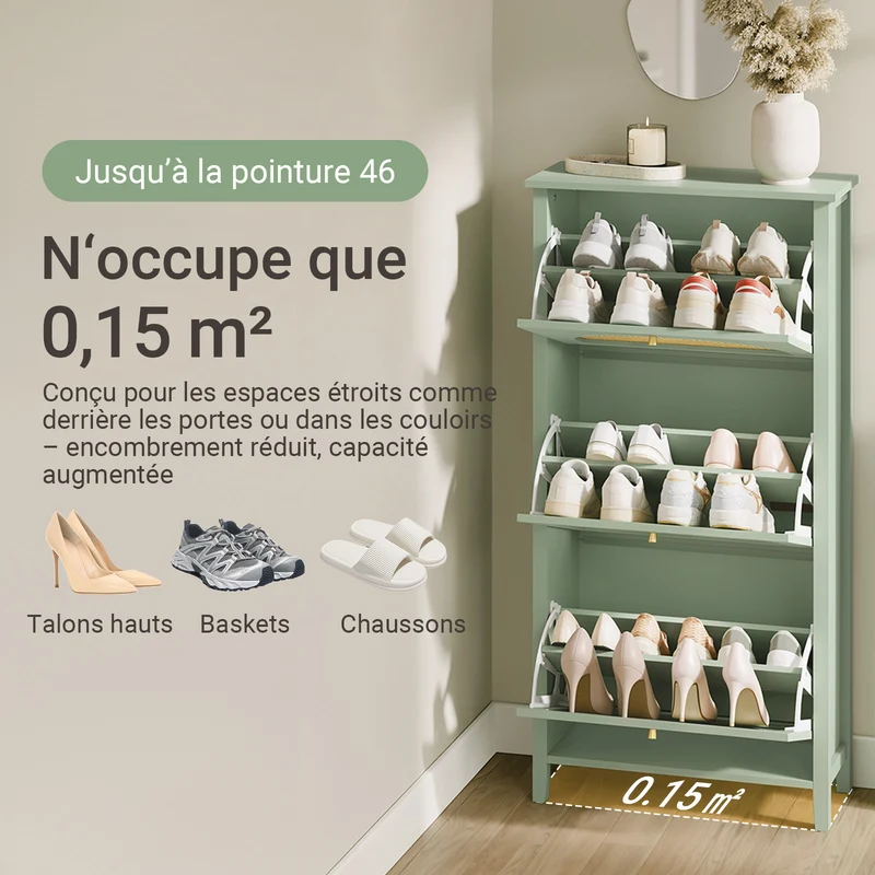 SoBuy FSR222-GR Armoire à Chaussures 3 Abattants en Rotin – 12 à 18 Paires, Style Scandinave – 62×25×121 cm, Vert