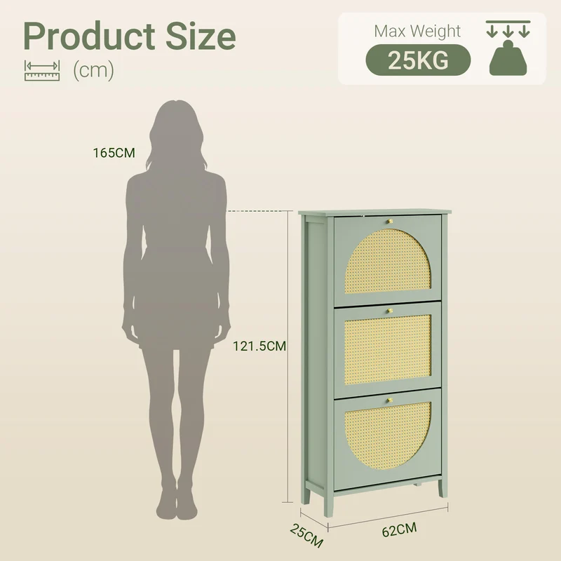 SoBuy FSR222-GR Armoire à Chaussures 3 Abattants en Rotin – 12 à 18 Paires, Style Scandinave – 62×25×121 cm, Vert