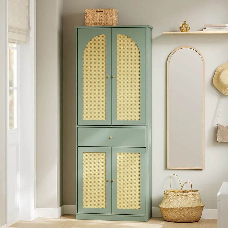SoBuy FSB107-GR Armoire à Chaussures en Cannage avec Penderie Intégrée – 1 Tiroir, Meuble d'Entrée – 70×34×180 cm, Vert