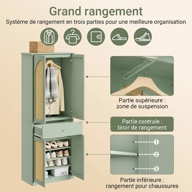 SoBuy FSB107-GR Armoire à Chaussures en Cannage avec Penderie Intégrée – 1 Tiroir, Meuble d'Entrée – 70×34×180 cm, Vert