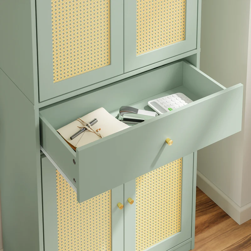 SoBuy FSB107-GR Armoire à Chaussures en Cannage avec Penderie Intégrée – 1 Tiroir, Meuble d'Entrée – 70×34×180 cm, Vert