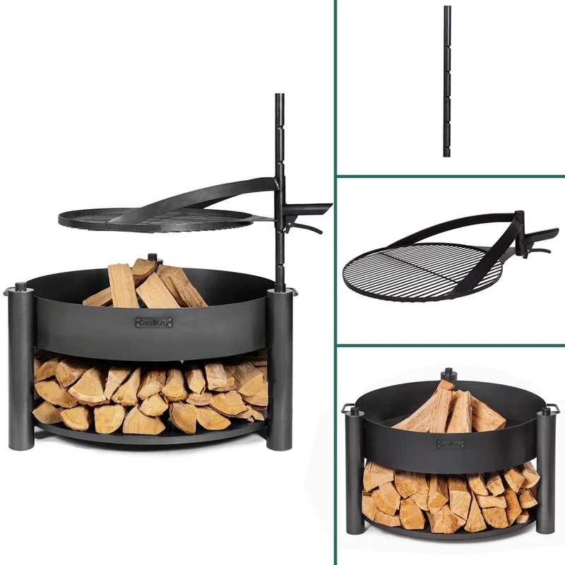 Cook King MONTANA X – Brasero extérieur en acier avec grille réglable, range-bûches, Ø 80 cm