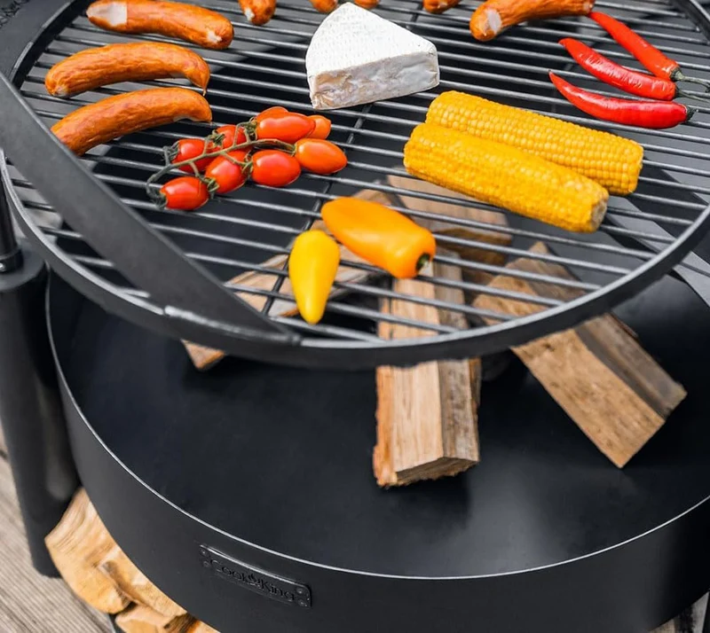 Cook King MONTANA X – Brasero extérieur en acier avec grille réglable, range-bûches, Ø 80 cm