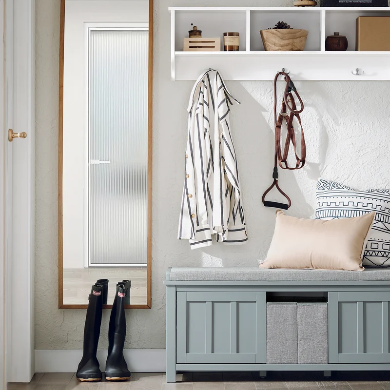 SoBuy FSR173-HG Banc de Rangement à Chaussures, Meuble à Chaussures, Meuble Bas avec 1 Coussin Rembourré, 1 Paniers et 2 Portes