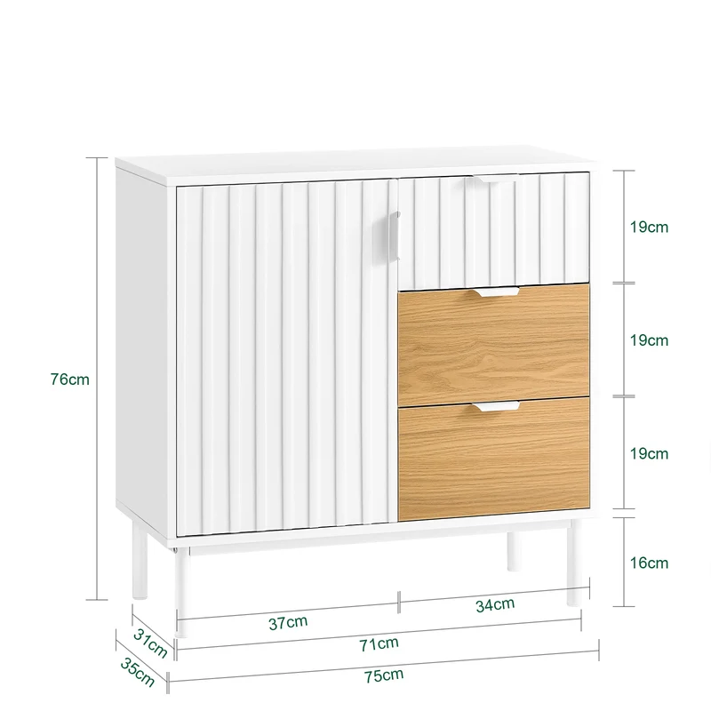 SoBuy FSB91-WN Buffet Meuble de Rangement avec 3 Tiroirs et 1 Porte, Pieds en Métal, Commode Multifonction pour Entrée Salon – 75x35x76 cm, Blanc et Naturel