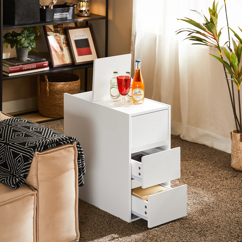 SoBuy FBT144-W Bout de Canapé Table de Nuit Table de Chevet Table d'appoint Table de Café, 1 Plateau Rabattable et 3 Tiroirs