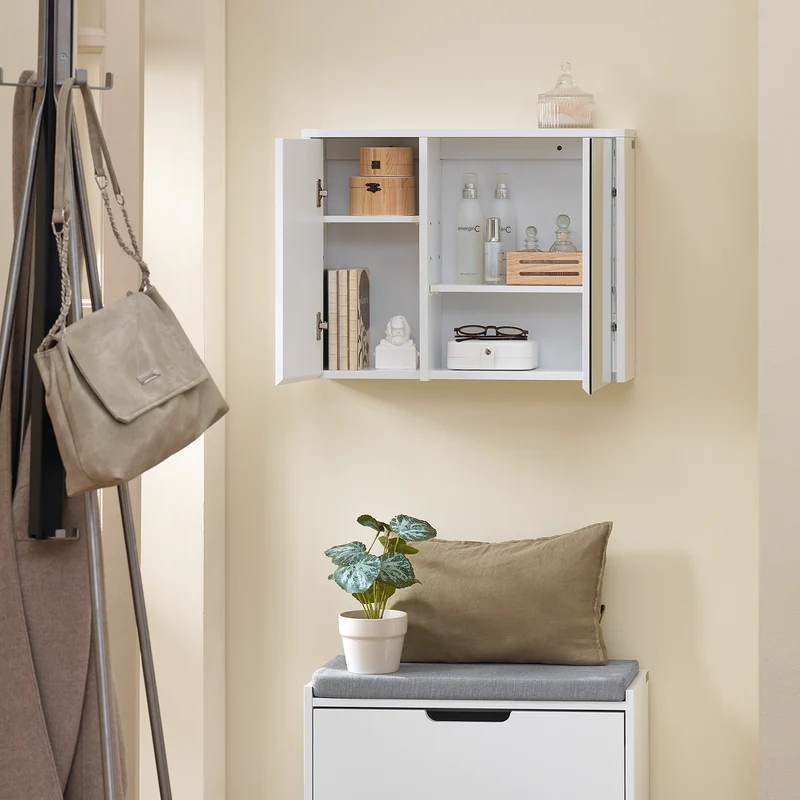 SoBuy BZR153-W Armoire Murale avec Miroir, Placard de Rangement , Meuble Haut avec 2 Portes, Étagères Réglables, 60x15x46 cm