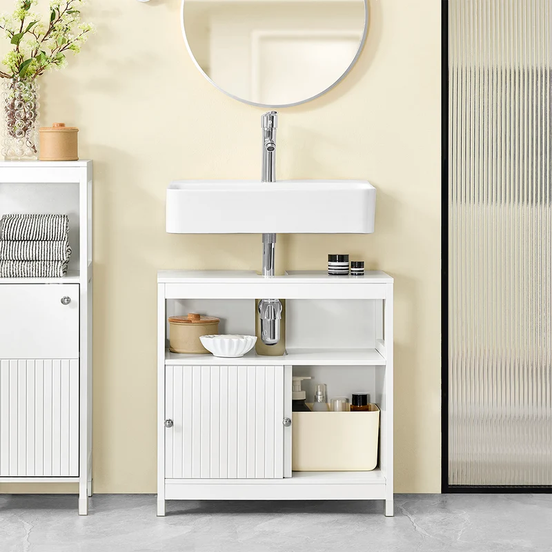SoBuy BZR185-W Meuble sous-Lavabo, Meuble sous-Vasque Meuble de Rangement de Salle de Bain, 2 Étagères, 2 Portes Coulissantes