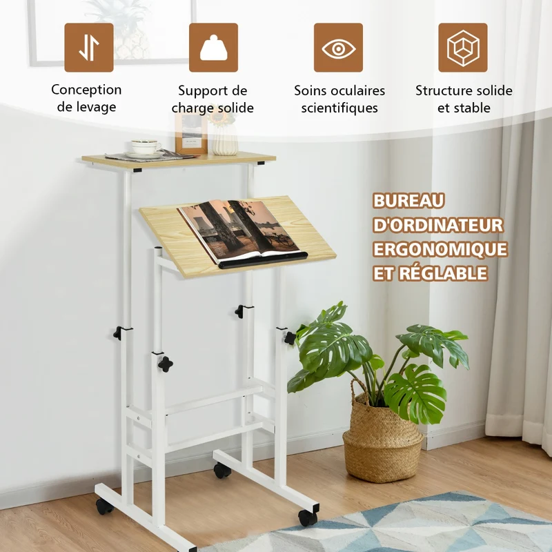 Costway - Bureau Assis Debout à Roulettes, Bureau Ordinateur, Bureau Informatique, Bureau Moderne, Hauteur Réglable 72-124 cm, Natrurel
