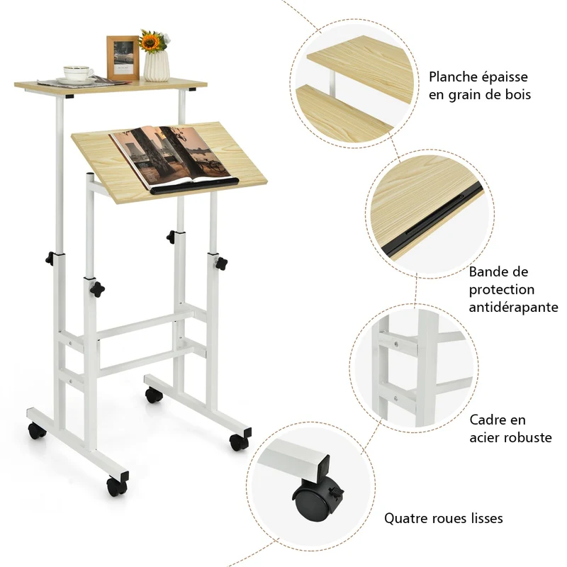 Costway - Bureau Assis Debout à Roulettes, Bureau Ordinateur, Bureau Informatique, Bureau Moderne, Hauteur Réglable 72-124 cm, Natrurel