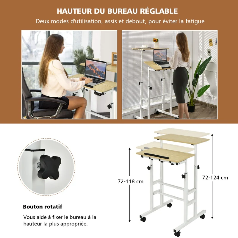 Costway - Bureau Assis Debout à Roulettes, Bureau Ordinateur, Bureau Informatique, Bureau Moderne, Hauteur Réglable 72-124 cm, Natrurel