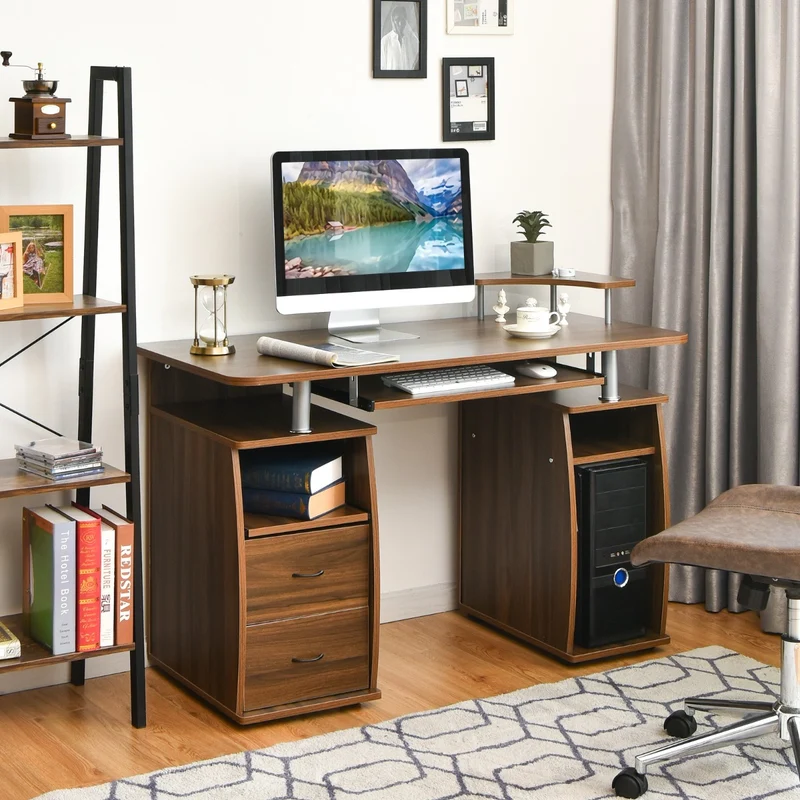 Costway - Bureau Ordinateur, Bureau Informatique, Bureau Moderne, Table de Bureau, Poste de Travail avec Tiroirs en Mdf, 120x55x85 cm, Noyer