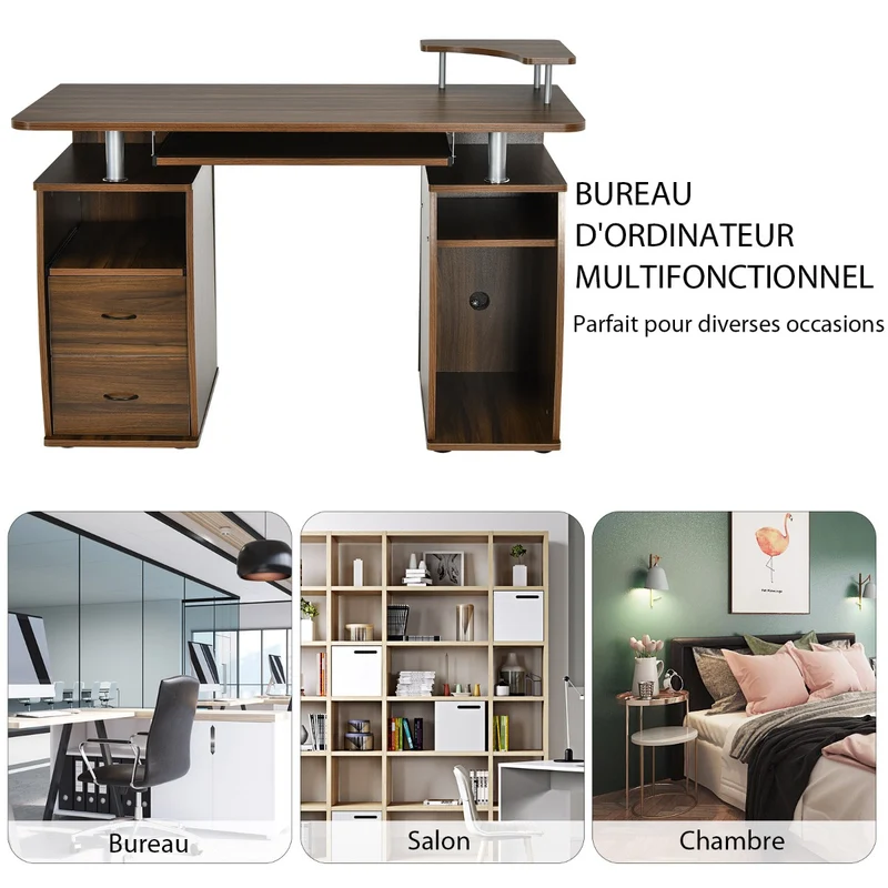 Costway - Bureau Ordinateur, Bureau Informatique, Bureau Moderne, Table de Bureau, Poste de Travail avec Tiroirs en Mdf, 120x55x85 cm, Noyer