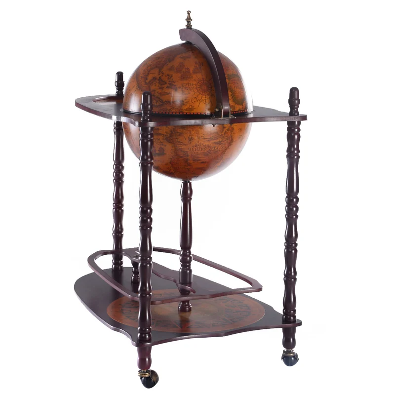 Costway - Bar Globe, Casier a Bouteille, Porte Bouteille Vin, Range Bouteille, Minibar Etagère en bois Bar roulant avec étagère, Vintage, Marron