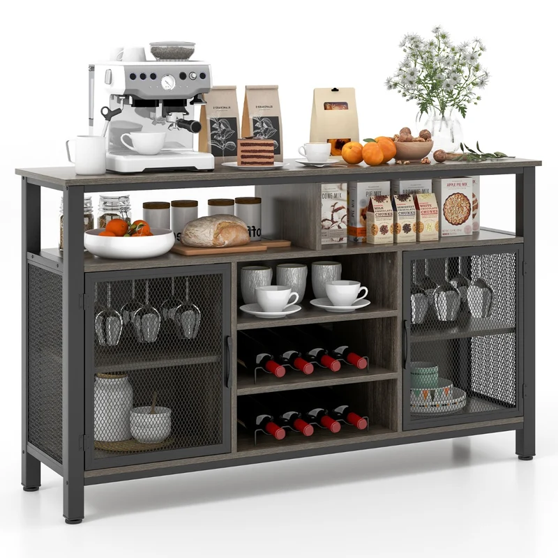 Costway - Buffet de Cuisine, Buffet Salon, Casier a Bouteille, Porte Bouteille Vin, 8 Bouteilles 6 Rangées de Porte-verres 2 Portes, Gris