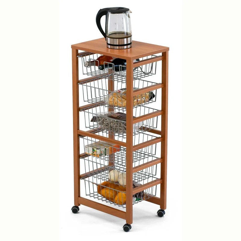 ARIT - Chariot de cuisine GUSTAVO, Desserte Cuisine, Desserte a Roulette, Desserte Bois, 5 cestini, 1 portabottiglie - Couleur ciliegio