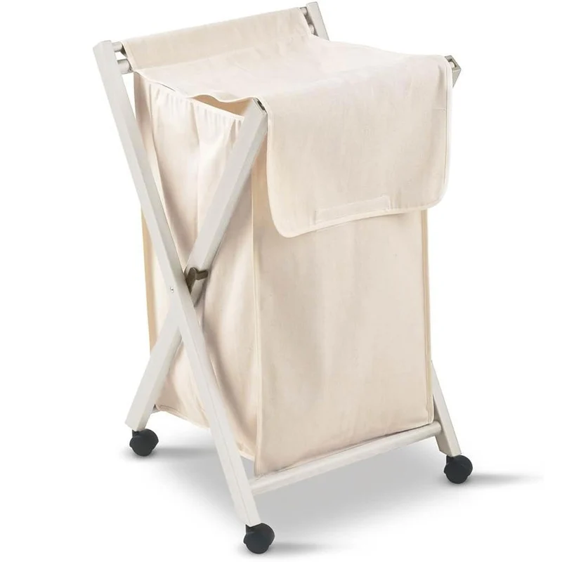 ARIT BANNY - Paniers à Linge sur Roulettes, Panier à Linge Pliable, Panier Linge Bois, avec Sac Extractible et Roues Pivotantes, Couleur blanche