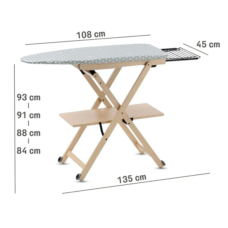 ARIT STIROCOMODO - Table à repasser, planche à repasser, hauteur réglable de 84 à 93 cm, roulettes, repose-fer coulissant, couleur naturelle