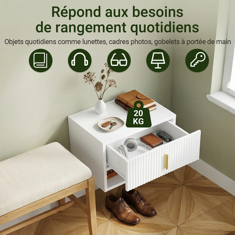 SoBuy FBT176-E-W Table de Chevet Suspendue avec LED – Tiroir Réversible, Façade Ondulée, Poignée Dorée, Blanc, 40×26×30 cm