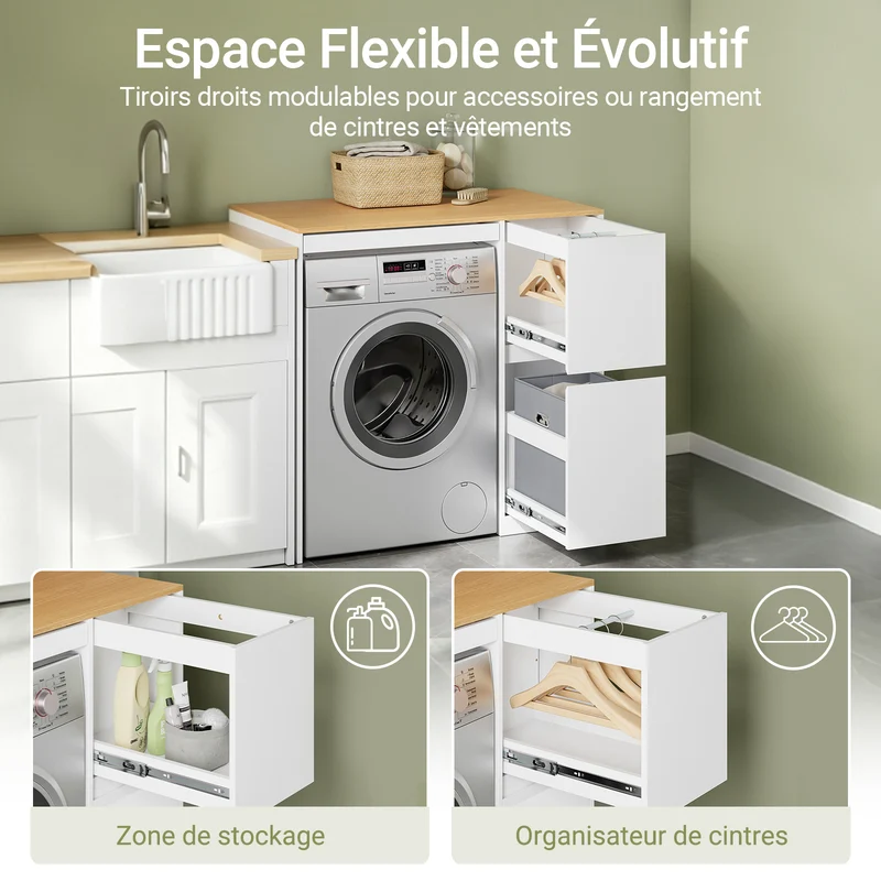 SoBuy BZR223-WN Meuble au-dessus du Lave-Linge 100×60×95 cm – Étendoir Coulissant, Panier à Linge, Sans Panneau Arrière, Blanc et Naturel