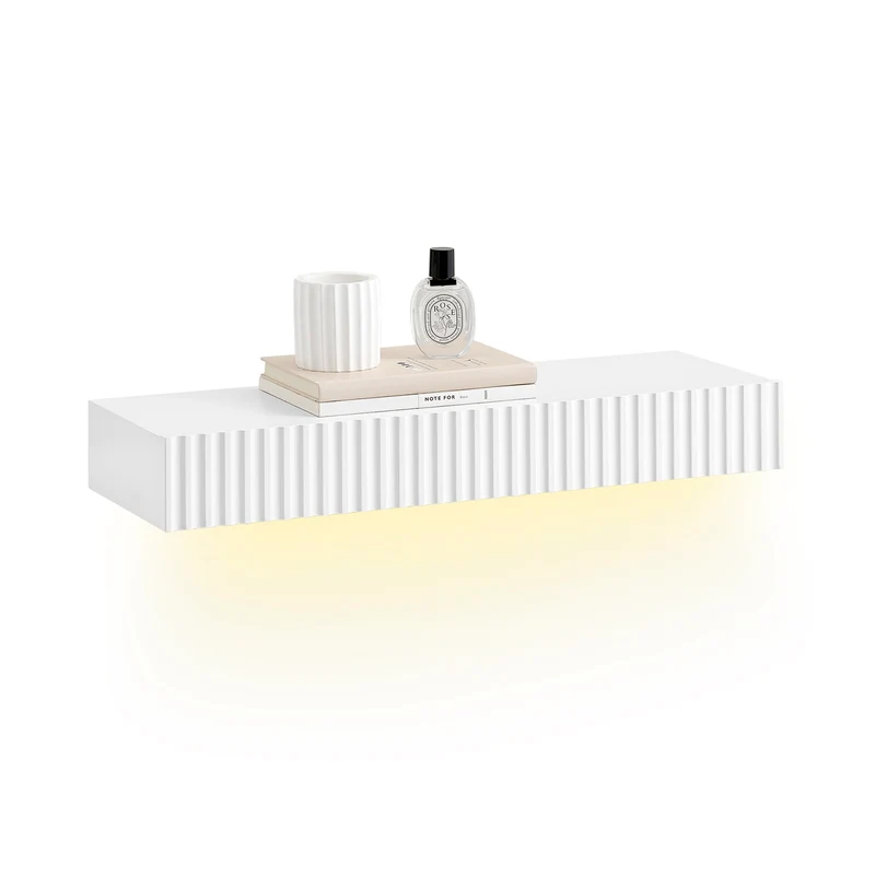 SoBuy FHK38-W Étagère Murale Flottante avec Tiroir et LED – L60 × P20 × H8 cm, Blanc