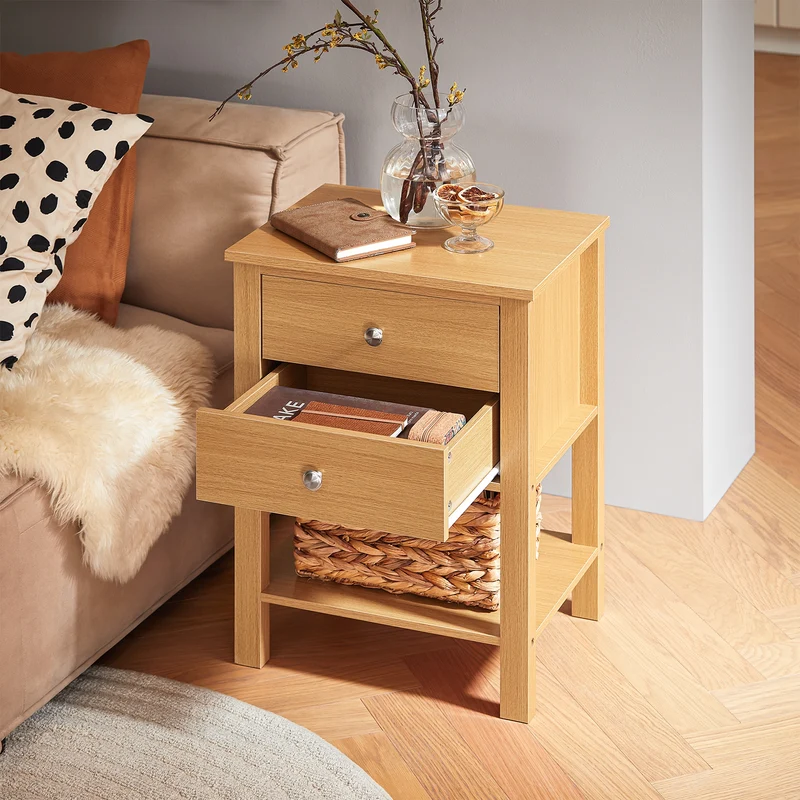 SoBuy FBT114-N Table de Chevet Bout de Canapé Table de Nuit Table d'Appoint Table Basse avec 1 Étagère et 2 Tiroirs
