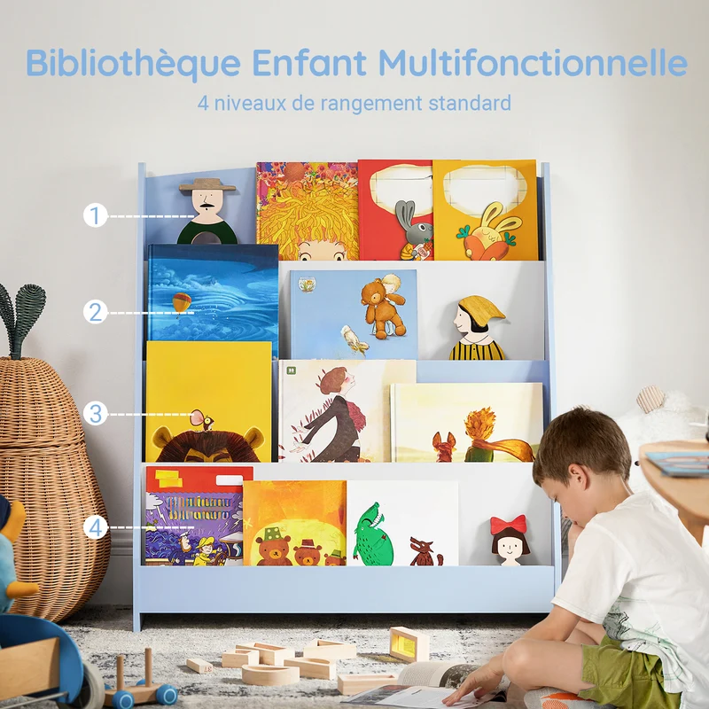 SoBuy KMB32-B Bibliothèque Enfant Rangement Jouet Enfant Bibliotheque Livre 4 Niveaux Étagère à Livres Meuble de Rangement Chambre d'Eanfant Bureau Salon Bleu clair 80x30x88 cm